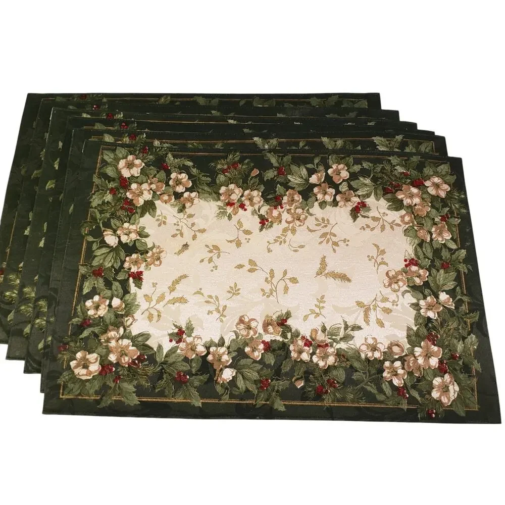 Kemp & Beatley Splendor Fabric Placemats Holiday Floral Design Reversible 6 Pack